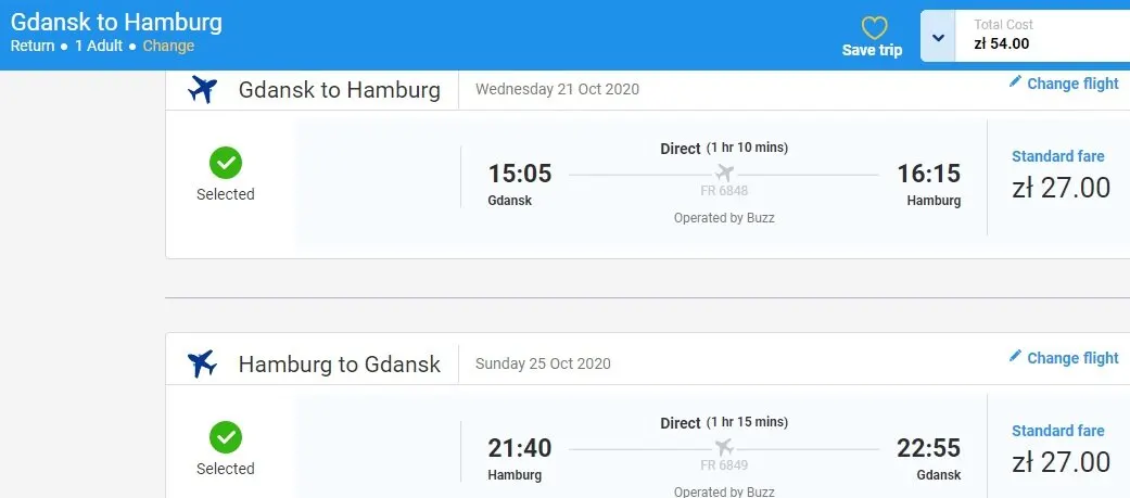 Screenshot flight ticket Gdansk– Hamburg– Gdansk